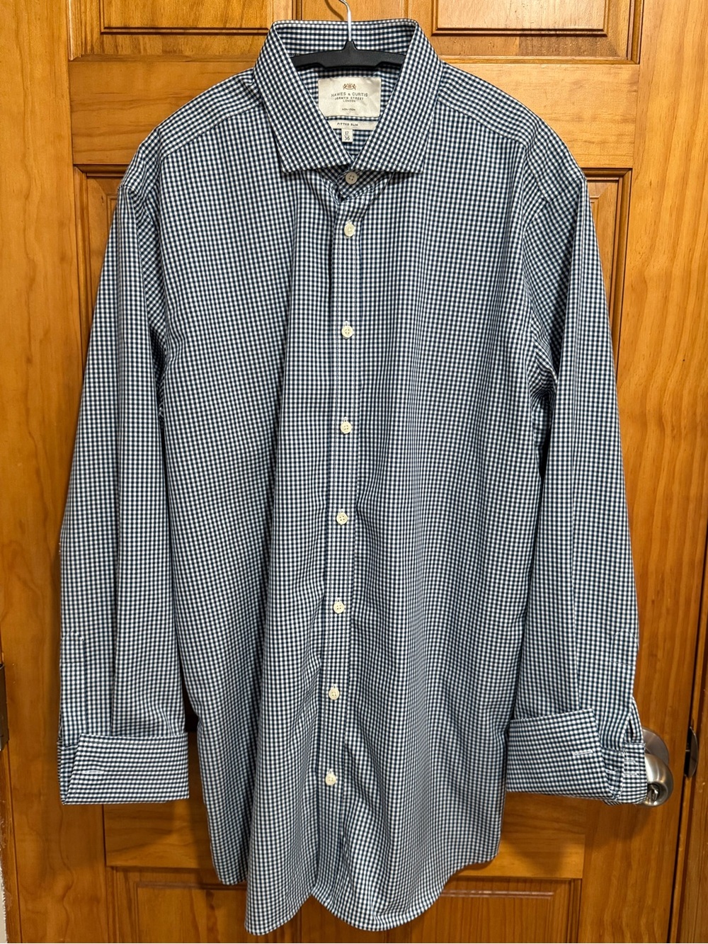 Hawes & Curtis Dress Shirt Mens 17/36 Blue Gingham French Cuff Fitted Slim